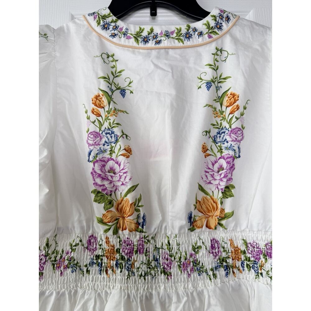 Calypso White Floral V-Neck Puff Sleeve Bordered Mini Dress Size M - Picture 7 of 13